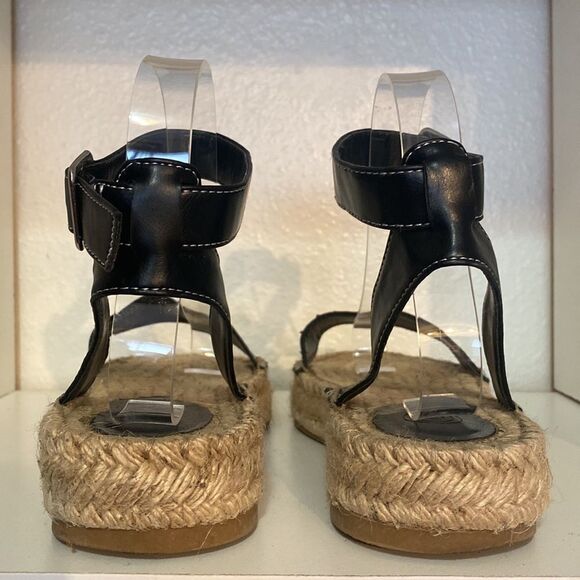 Urban Outfitters Black Leather Espadrille Sandals Ankle Strap Jute Sole Summer - Picture 3 of 14